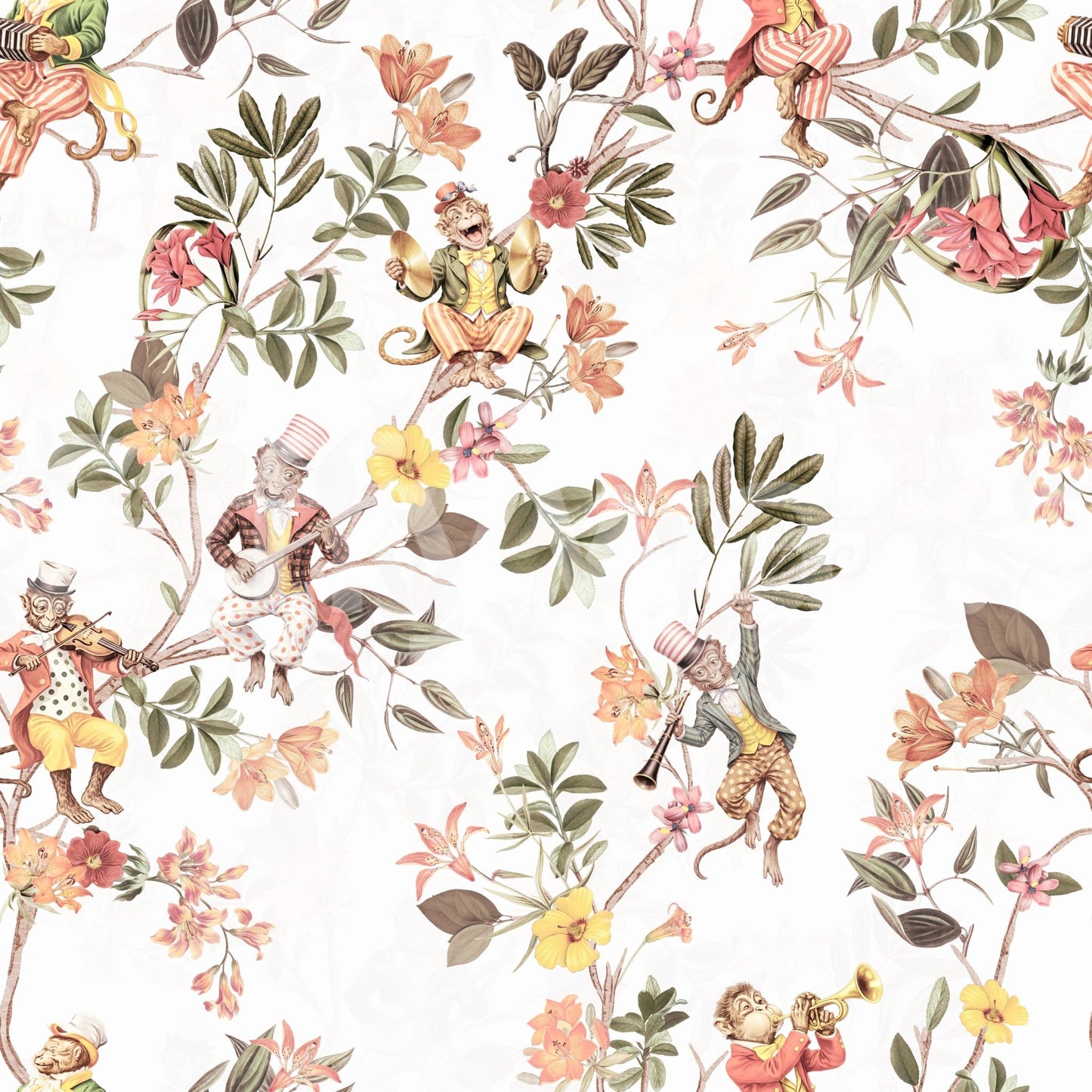 Whimsical Monkeys Playing Music Vintage Exotic Fun Garden white Wallpaper