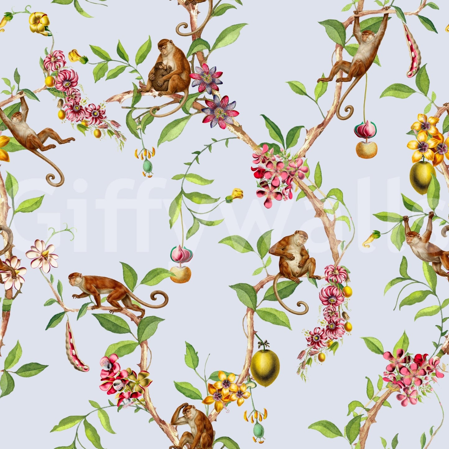 Whimsical Playing Monkeys Family Vintage Exotic Garden blue Wallpaper
