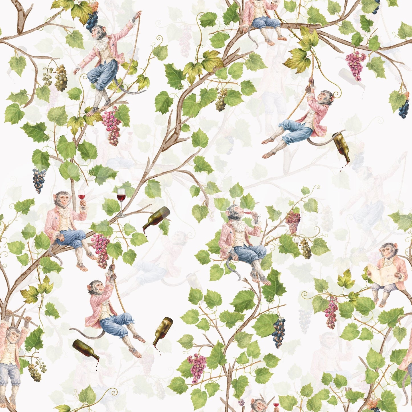 Whimsical Rococo Monkeys Wine Festival Aristocratic Vineyard Vintage Garden white Wallpaper