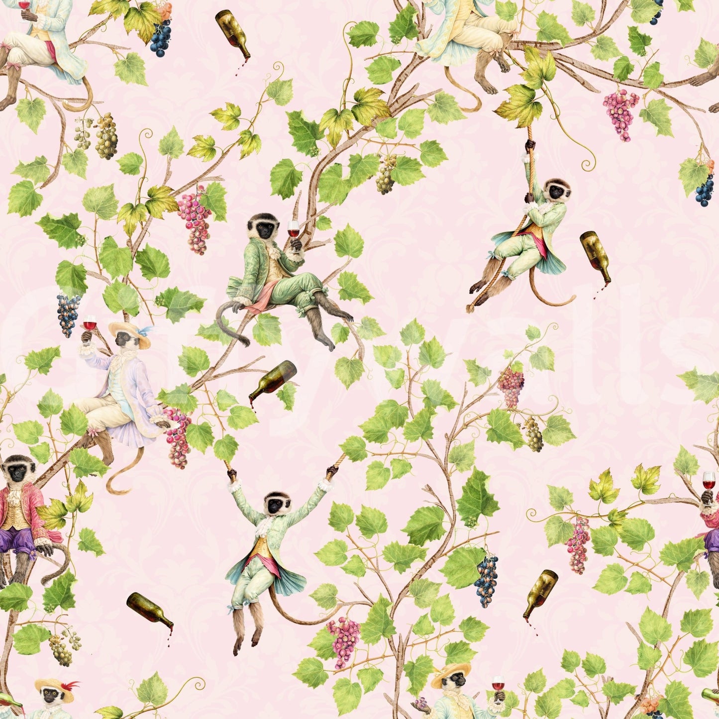 Whimsical Rococo Monkeys Wine Festival Vintage Aristocratic Vineyard Garden pink Wallpaper