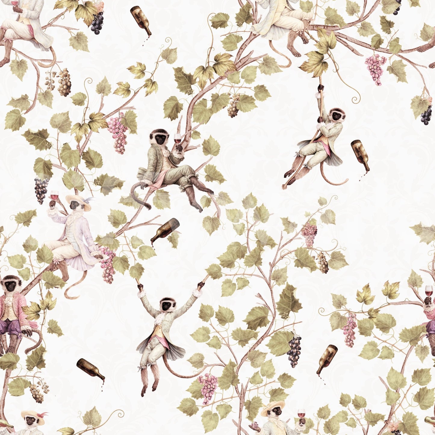 Whimsical Rococo Monkeys Wine Festival Vintage Aristocratic Vineyard Garden white Wallpaper