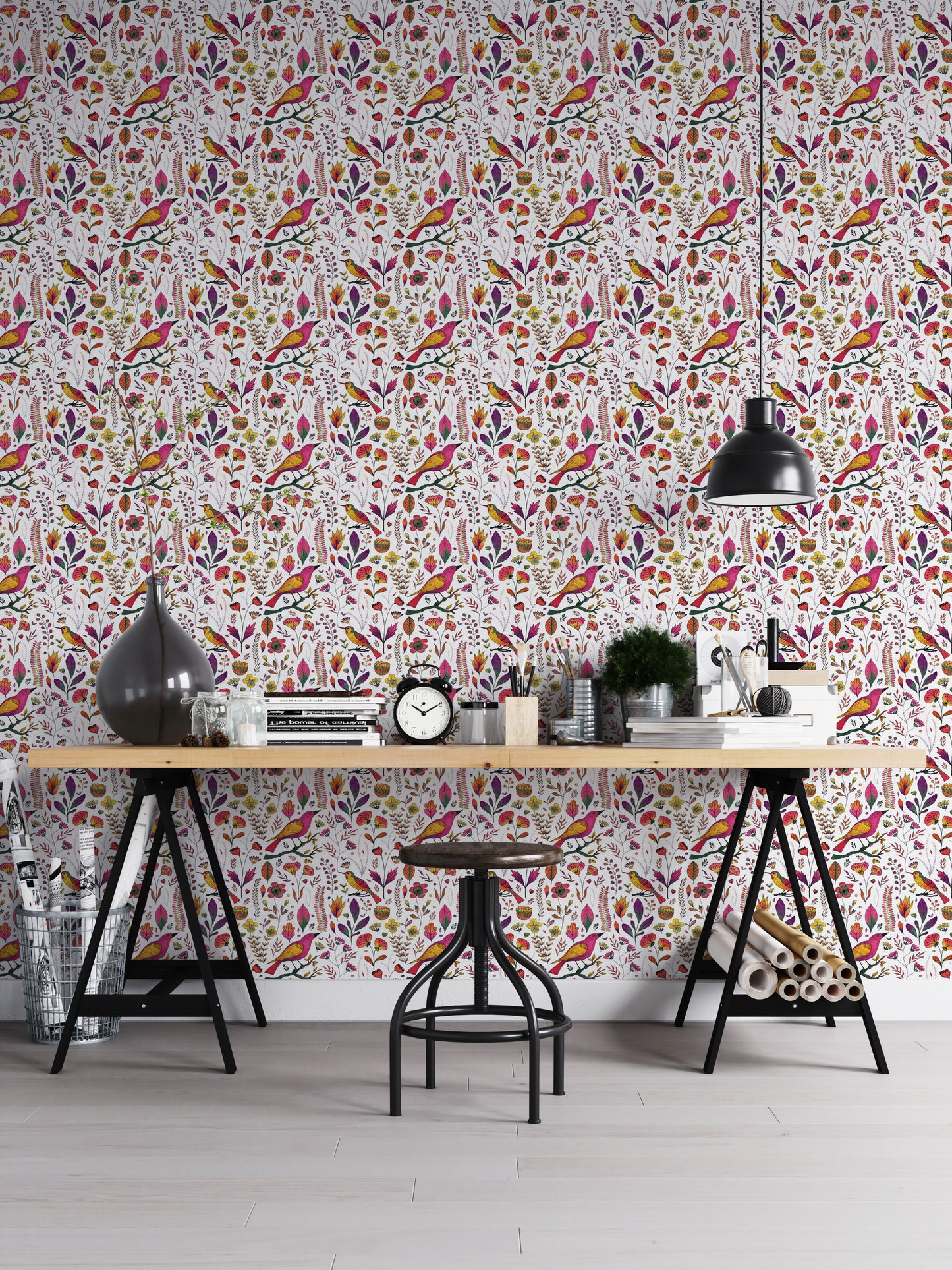 Whimsical Songbird Garden White Wallpaper