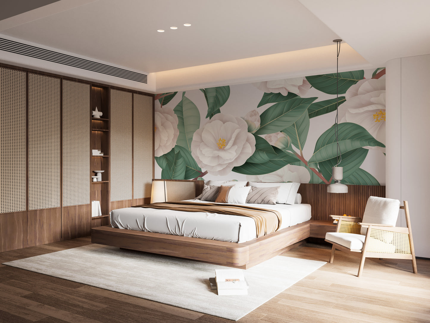 White camellia floral wallpaper mural with artistic elegance.