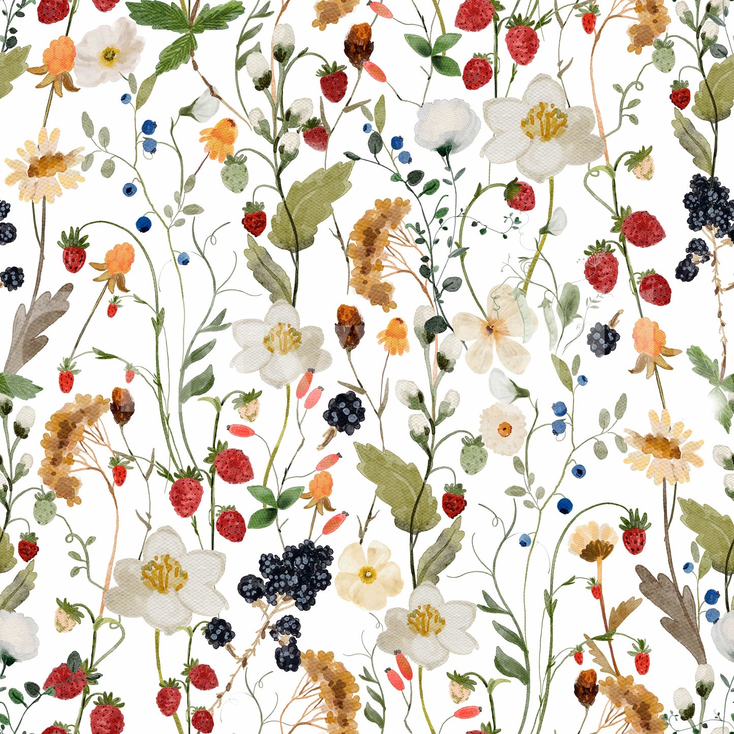 White floral Wild Berry Bliss, charming meadow inspiration, subtle colors.