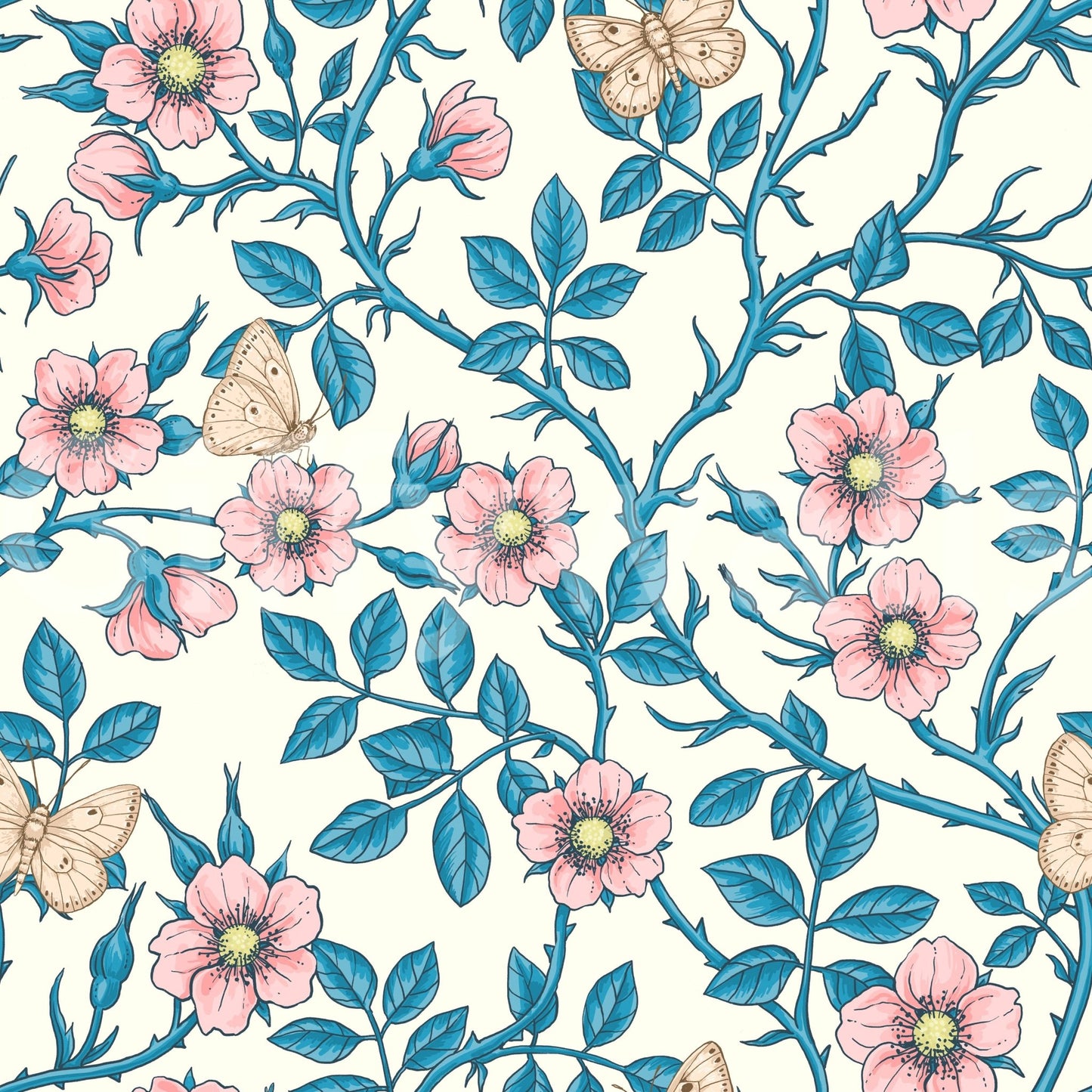 Wild Roses and Butterflies wallpaper in a soothing color palette