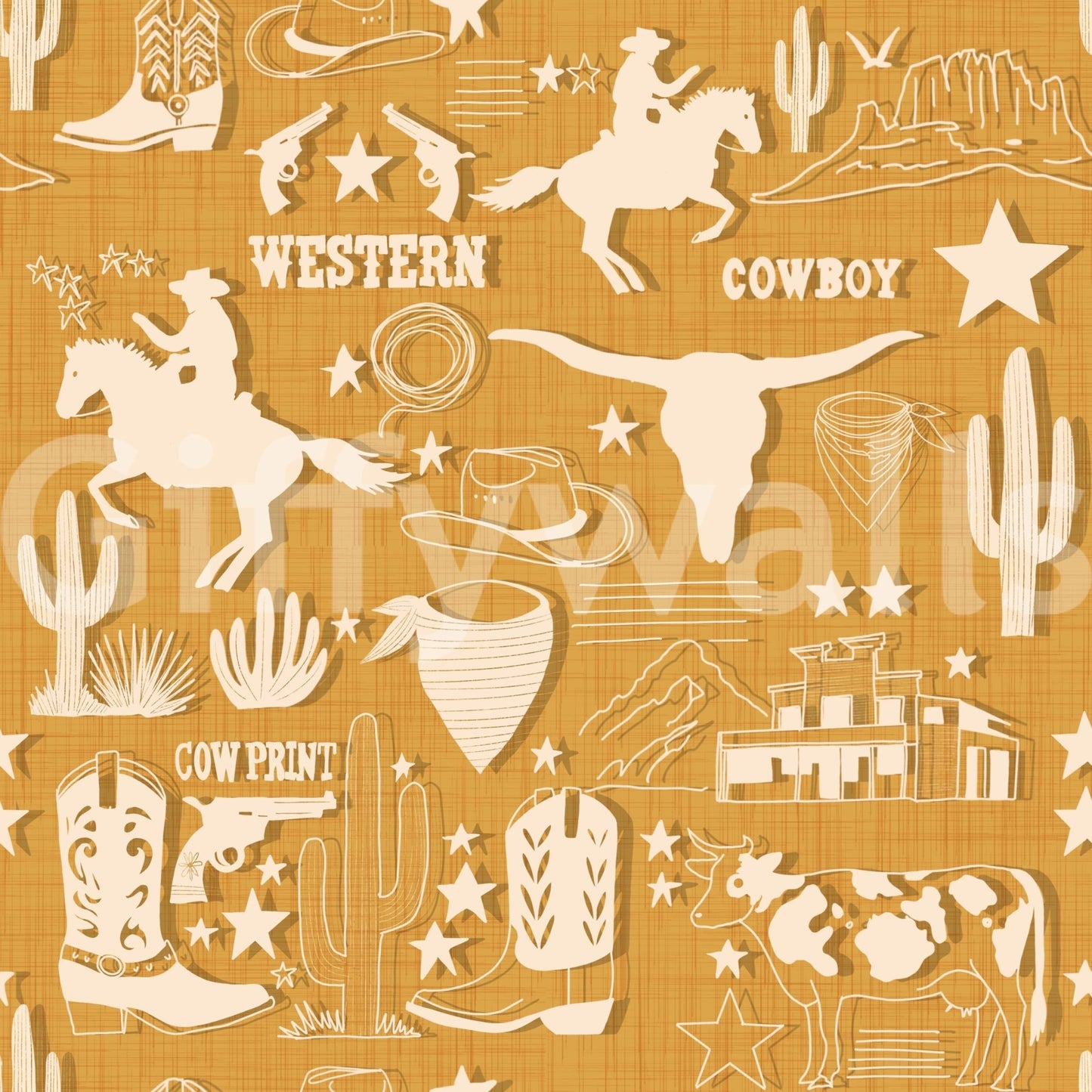 Country Western wallpaper featuring cowboy silhouettes and desert motifs on an ochre background.
