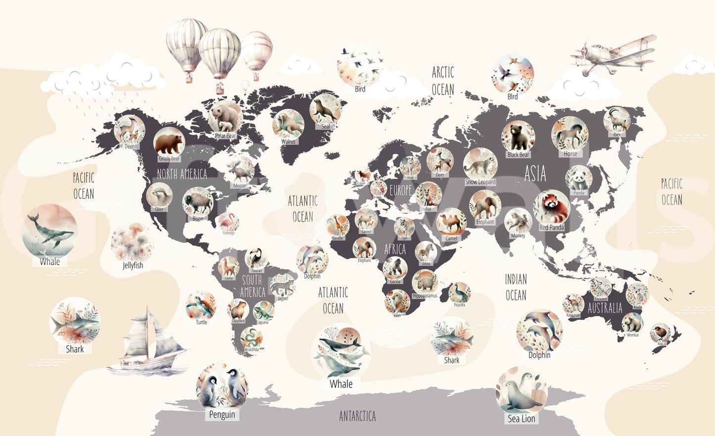 A stylish animal map wallpaper for a kid's room.