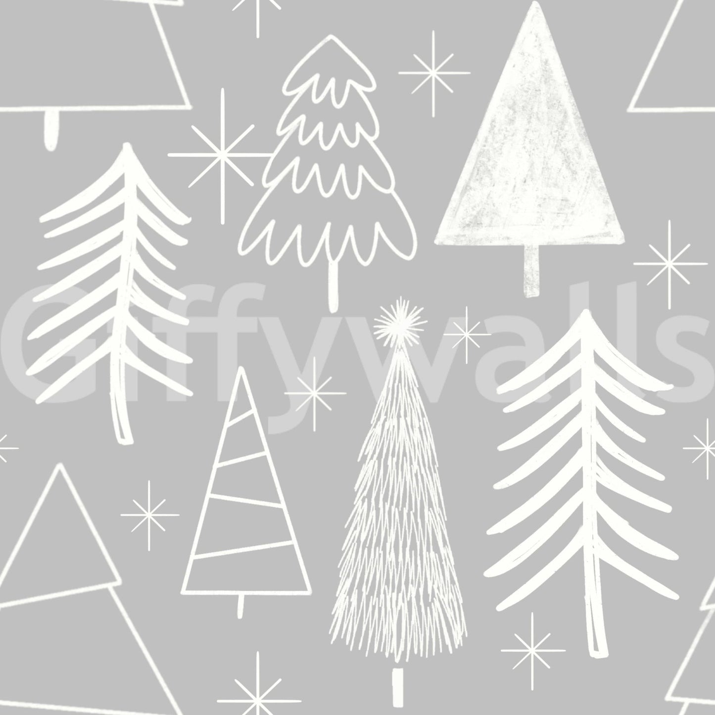 A serene snowy forest wallpaper pattern with sketchy white trees on a gray canvas.