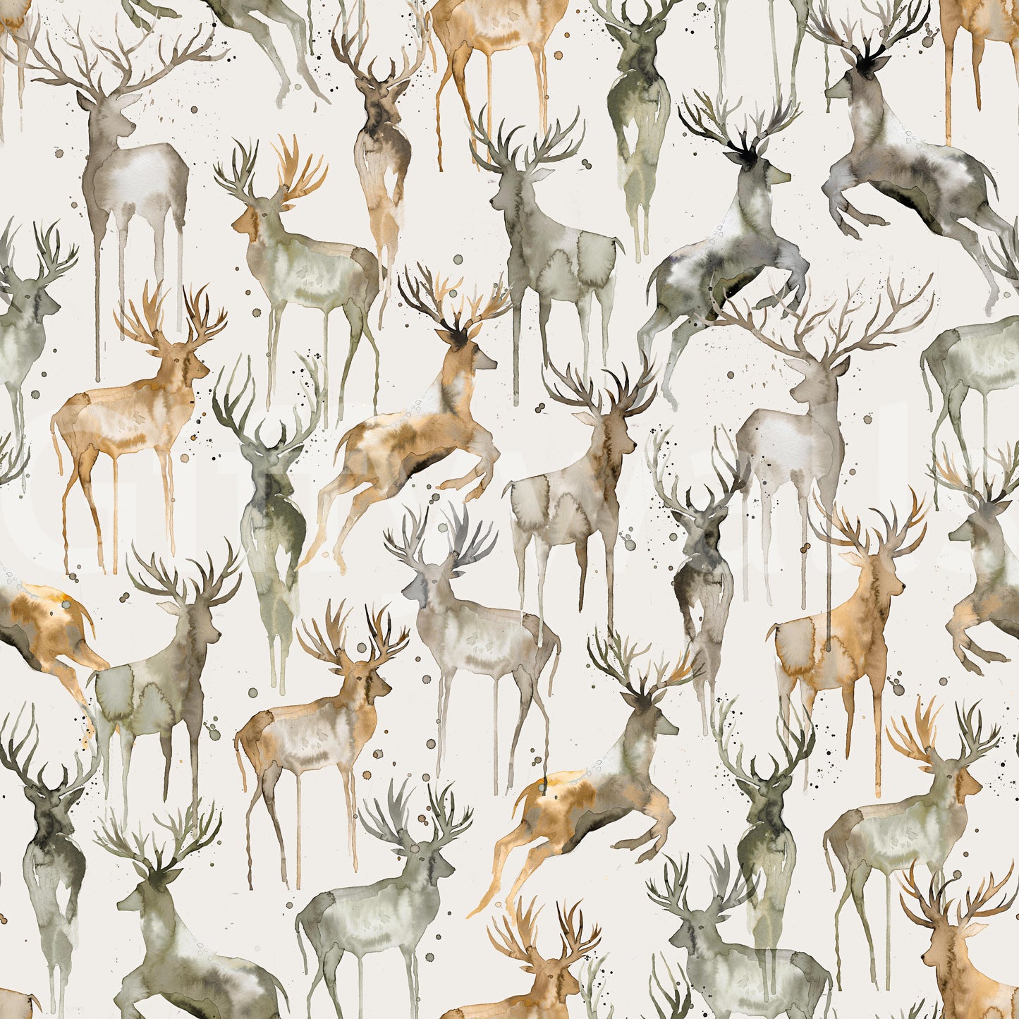 Earthy forest mural with artistic deer sketches for a refined living space.