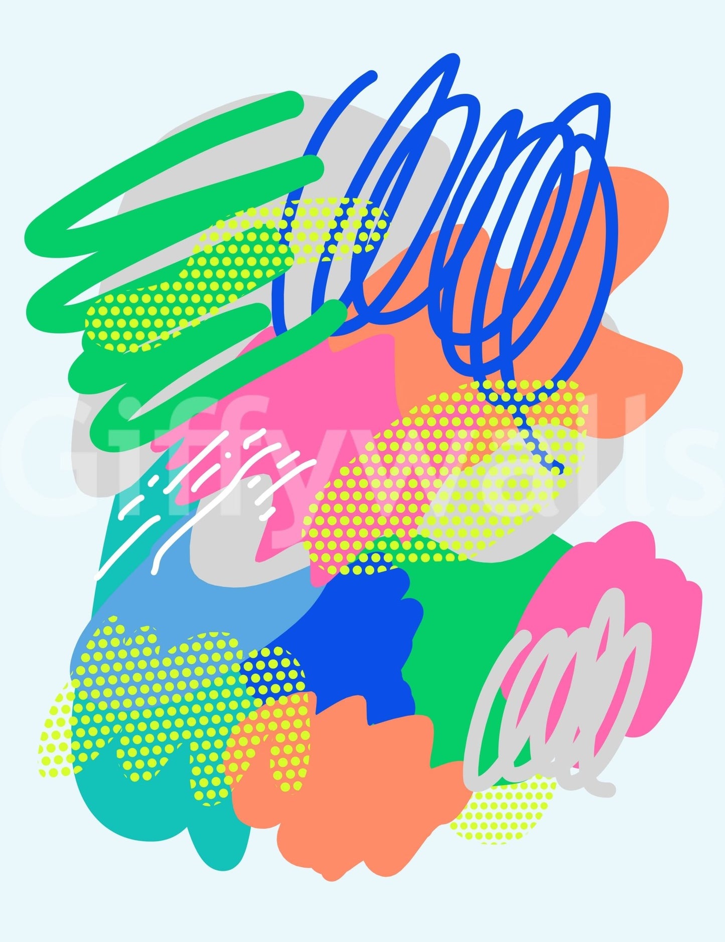 A joyful abstract wallpaper with energetic scribbles and dotted shapes in rainbow tones.