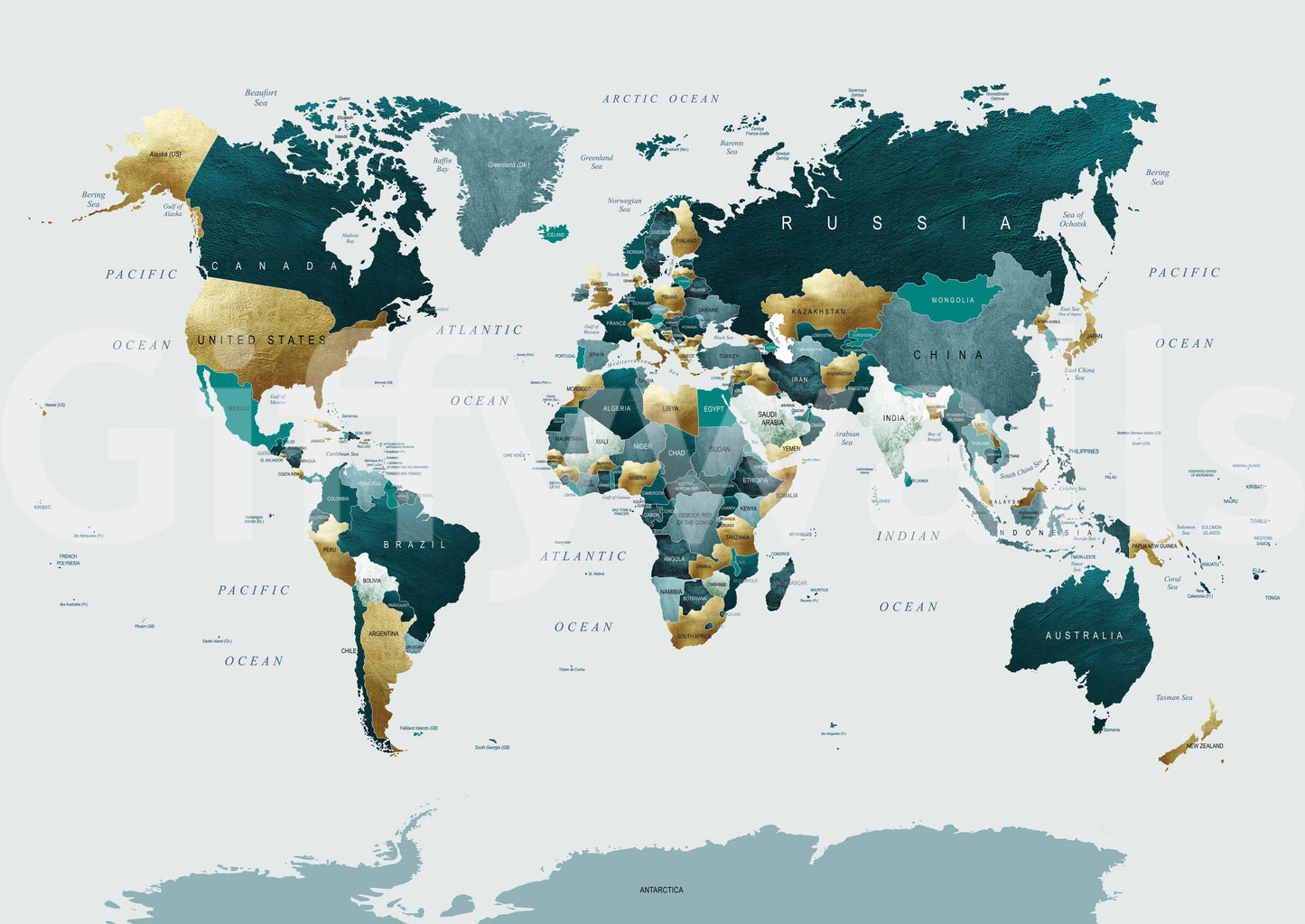 世界地図ティールゴールドウォール壁画