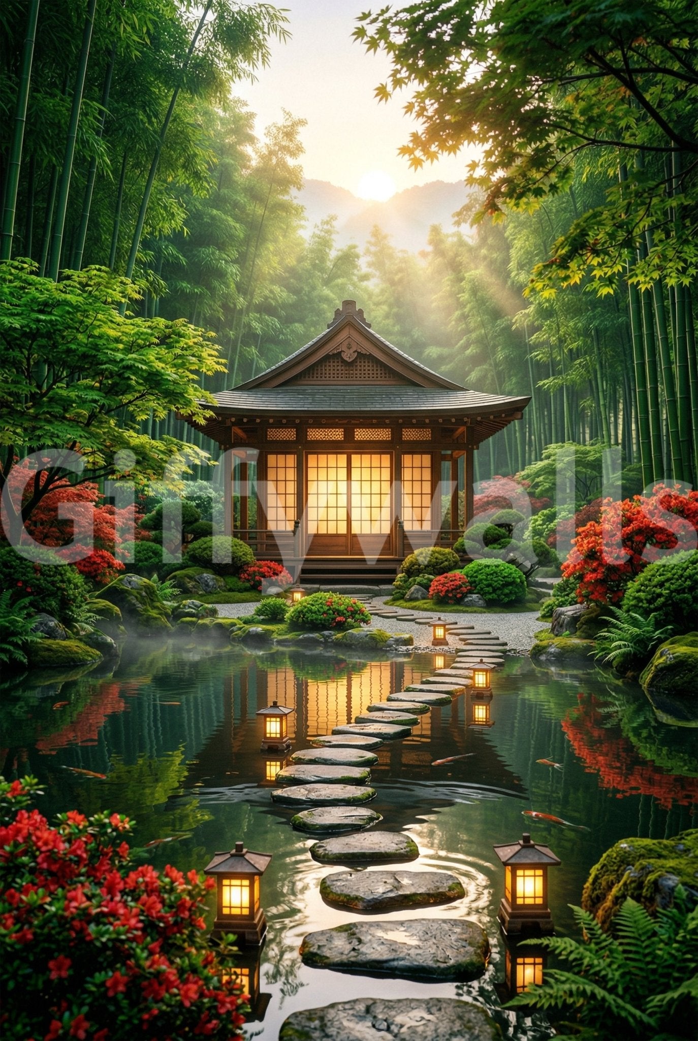 Bamboo, pebbles, and calm water wall mural in a Zen Garden Retreat scene