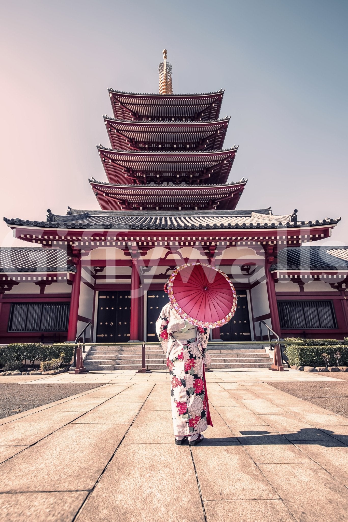 Woman standing pagoda Zen Temple View wall poster unique look.