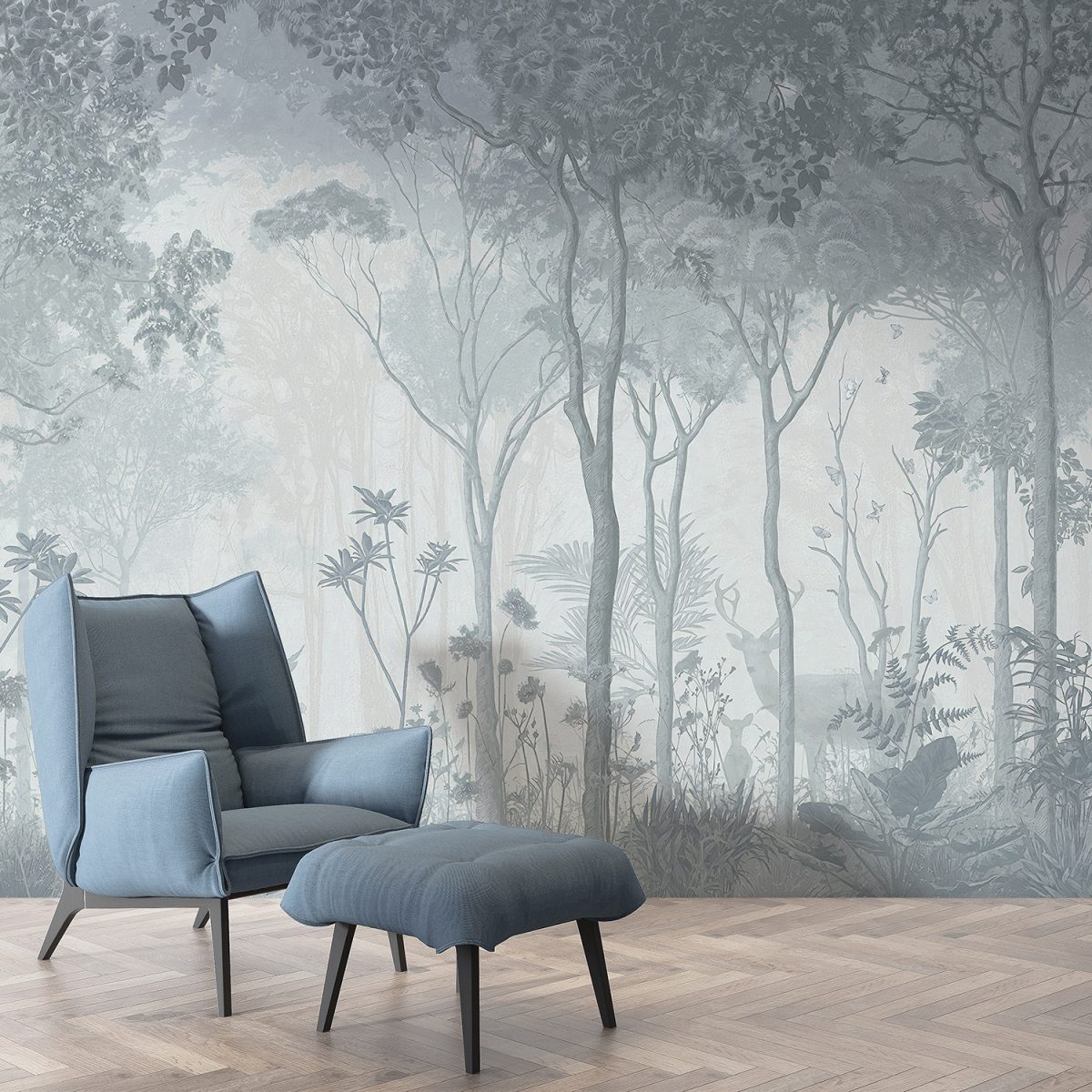 Forest Scene Filled Fog Wallpaper Murals