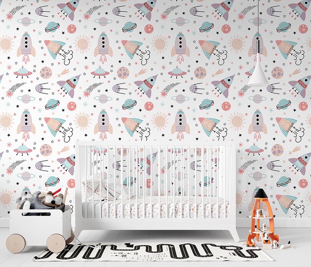 Illustrated Space Themed Rocket Kids Room Wallpaper