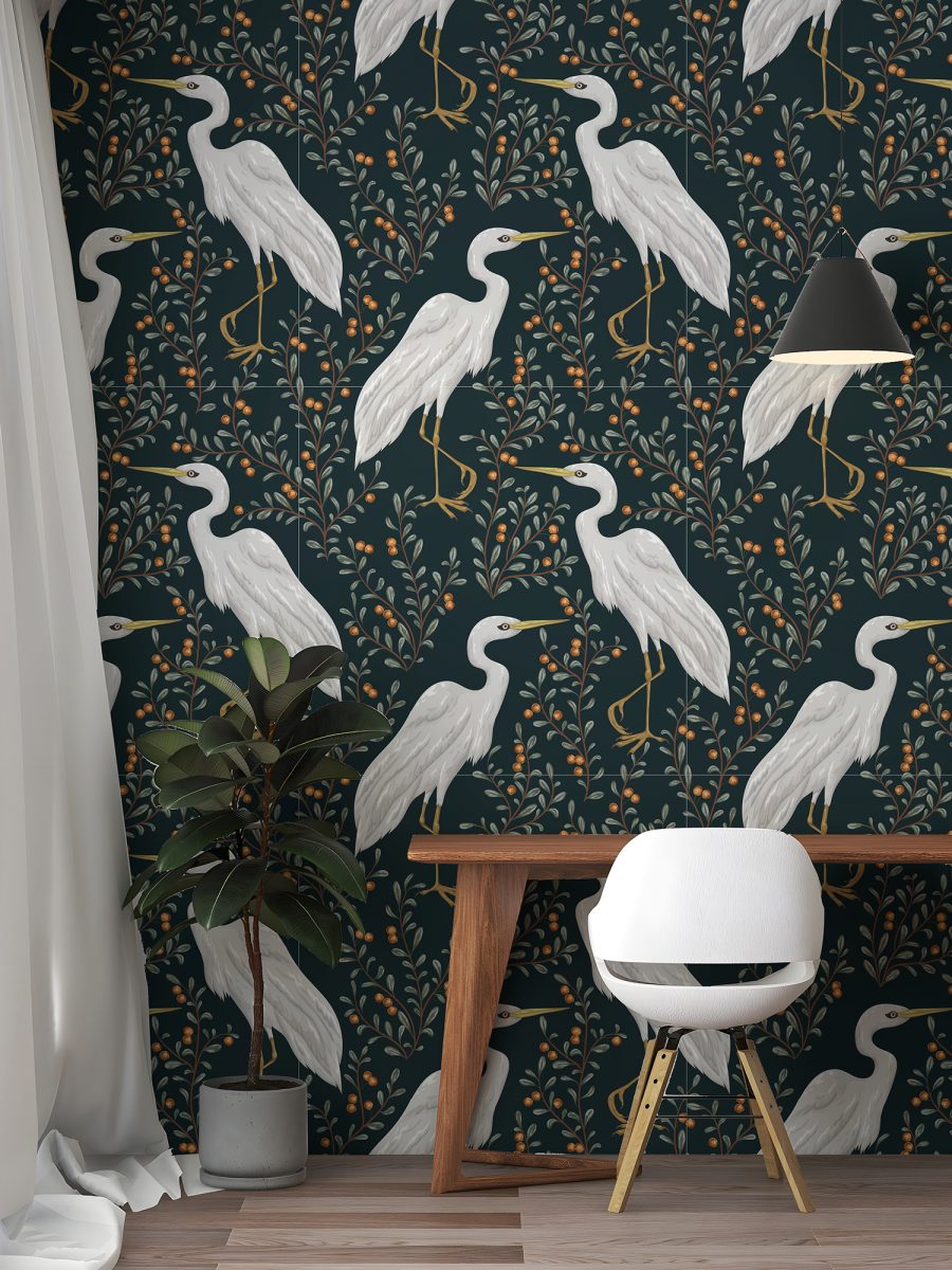 White Heron Bird & Cranberry Plant Wallpaper