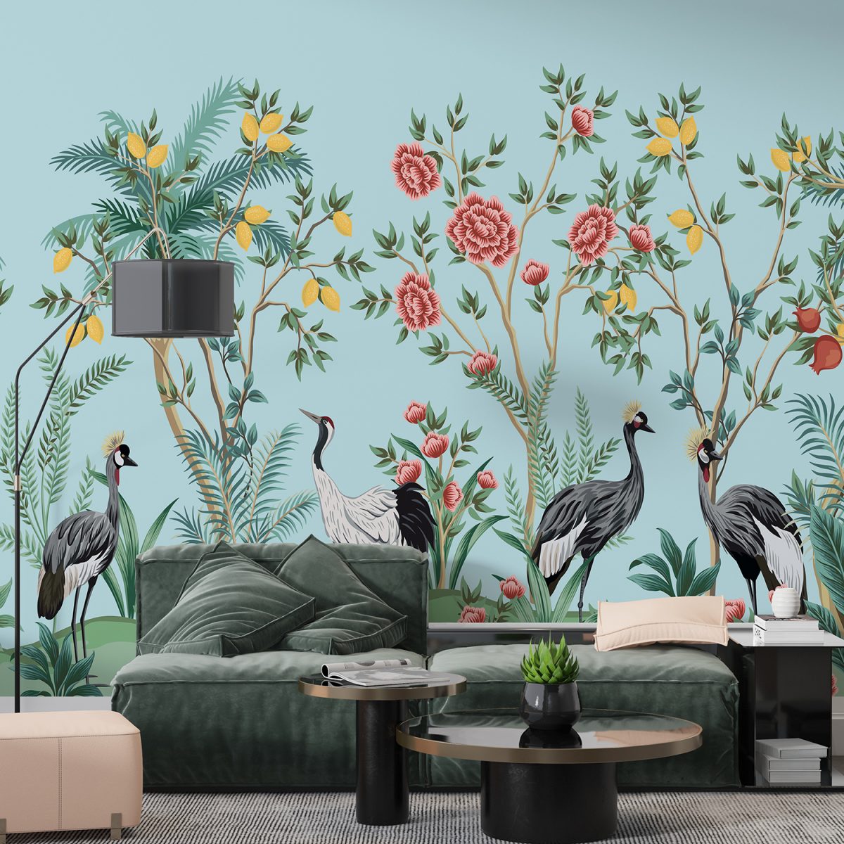 Chinoiserie Floral Palm Tree Mural Wallpaper