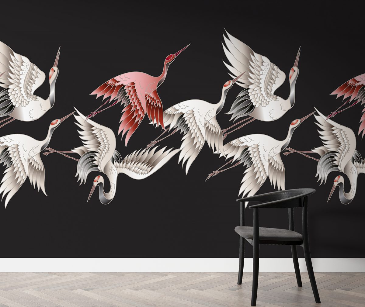 Japanese White Flying Crane Black Wallpaper