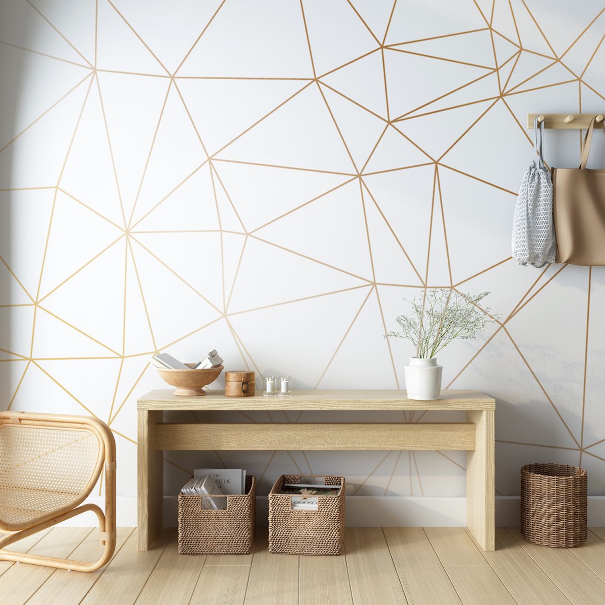 Gold Polygonal Strip Geometric Salon Wallpaper for Walls