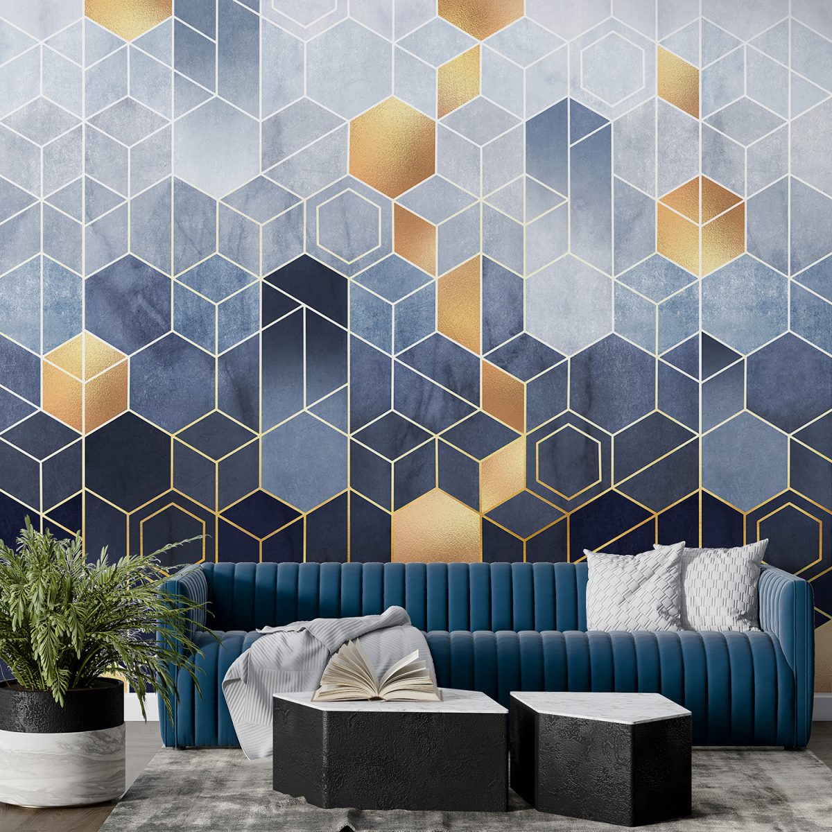 Blue Gold Geometric Style Hexagonal Wallpaper Murals | Giffywalls