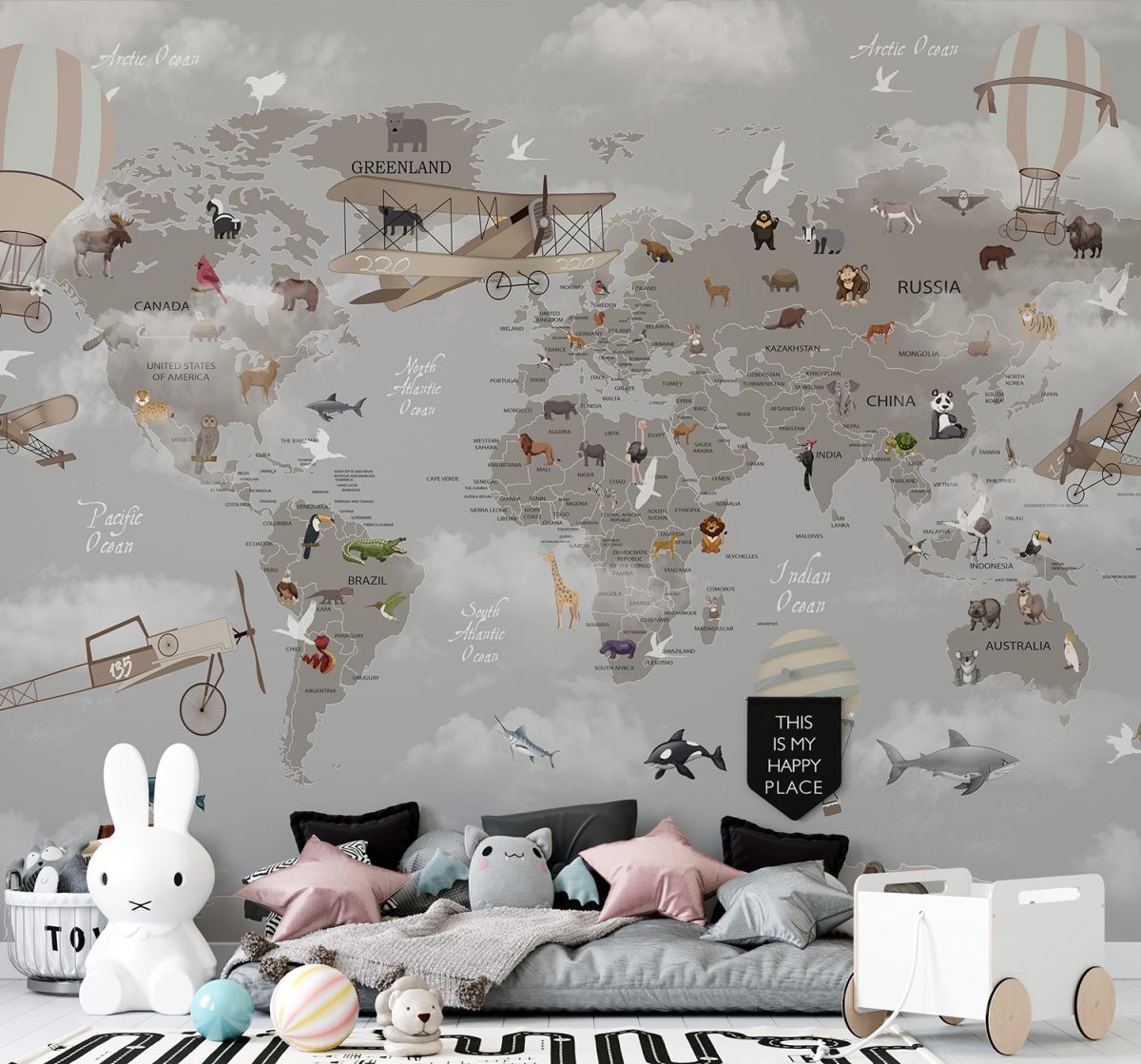 world map animals for kids room wallpaper design
