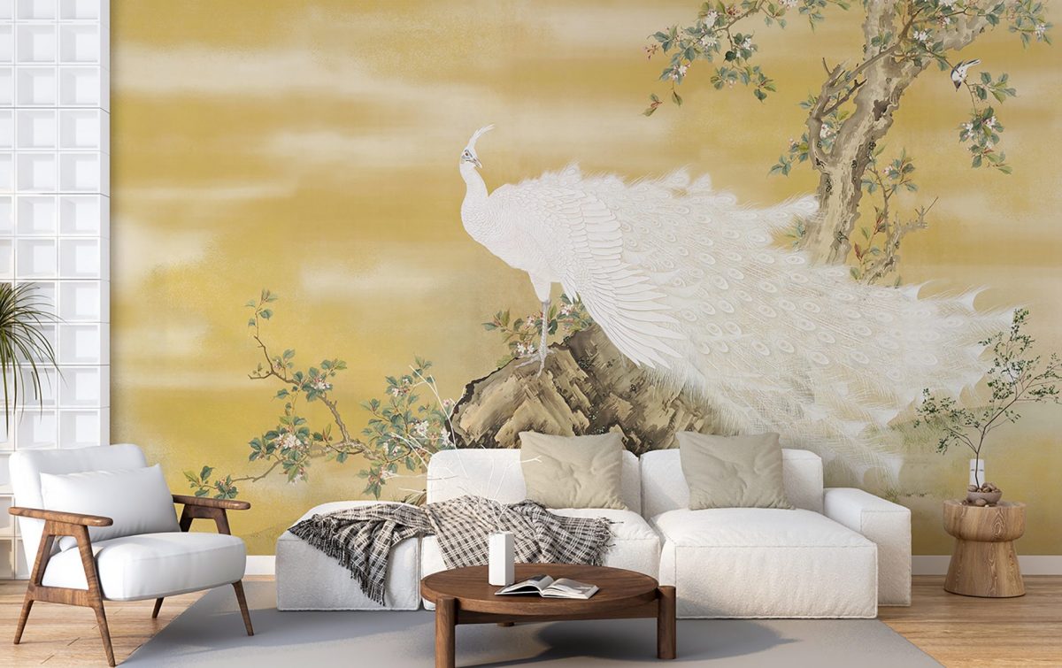 White Peafowl Sitting Rock Wallpaper Murals