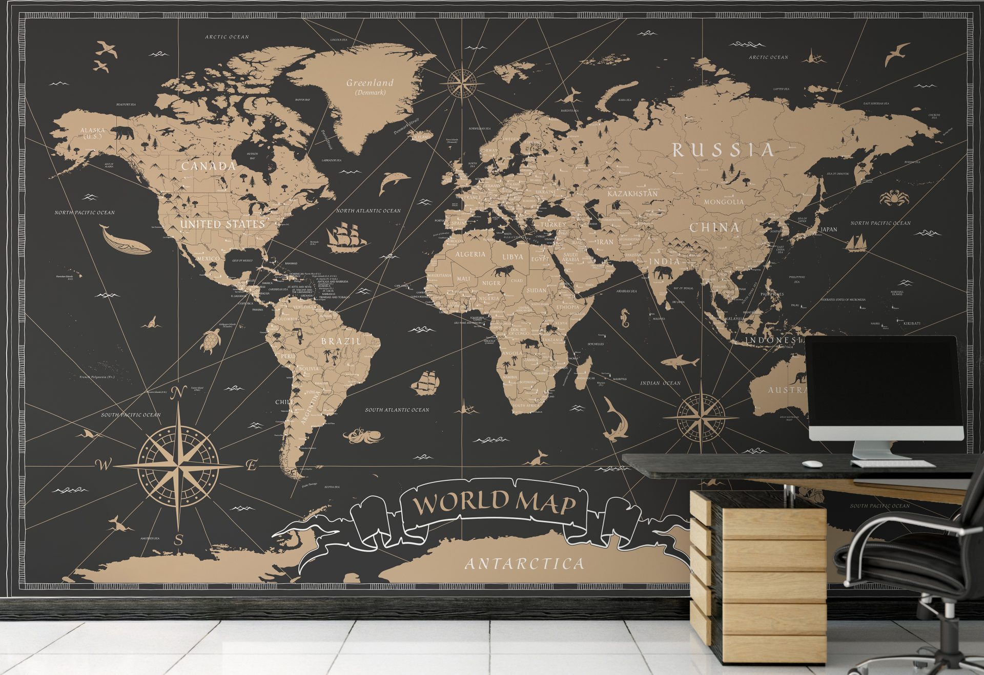 World Map Mural in Dark