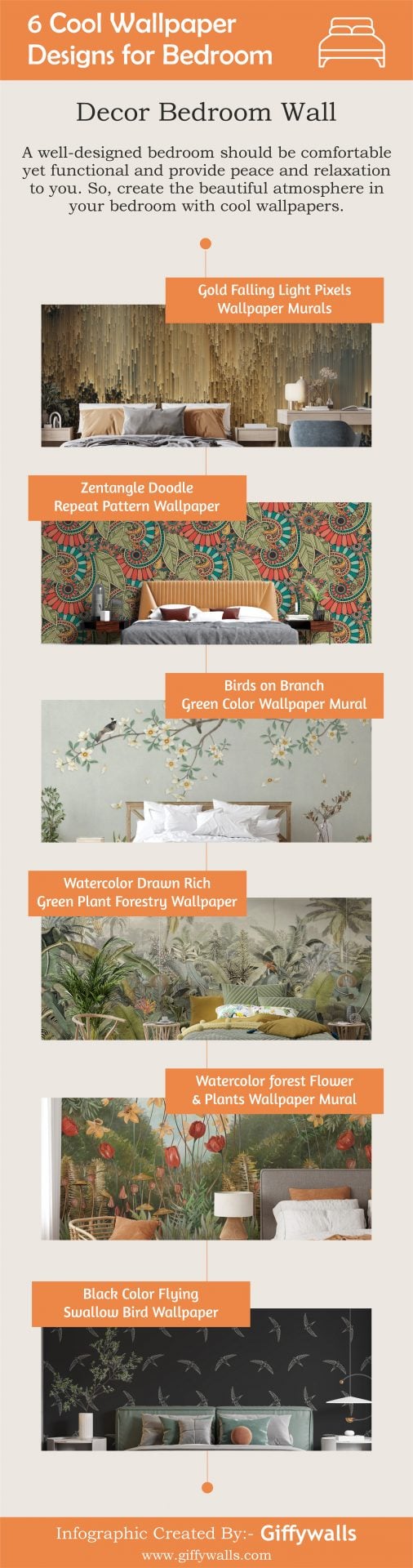 6 Cool Wallpaper Designs for Bedroom Infographic