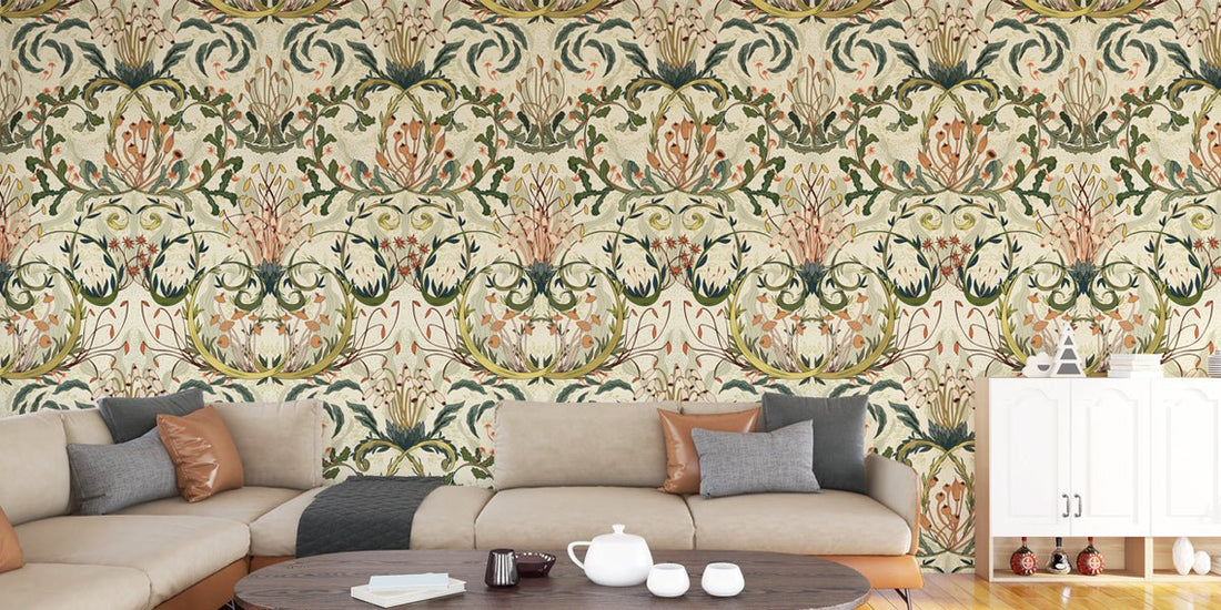 Stylish interior showcasing the top wallpaper trends 2026 in bold patterns and warm earthy tones
