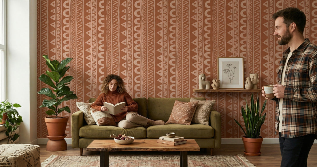 Earthy wallpaper in terracotta ochre and burnt orange shades displayed in a modern living room with natural wood furniture