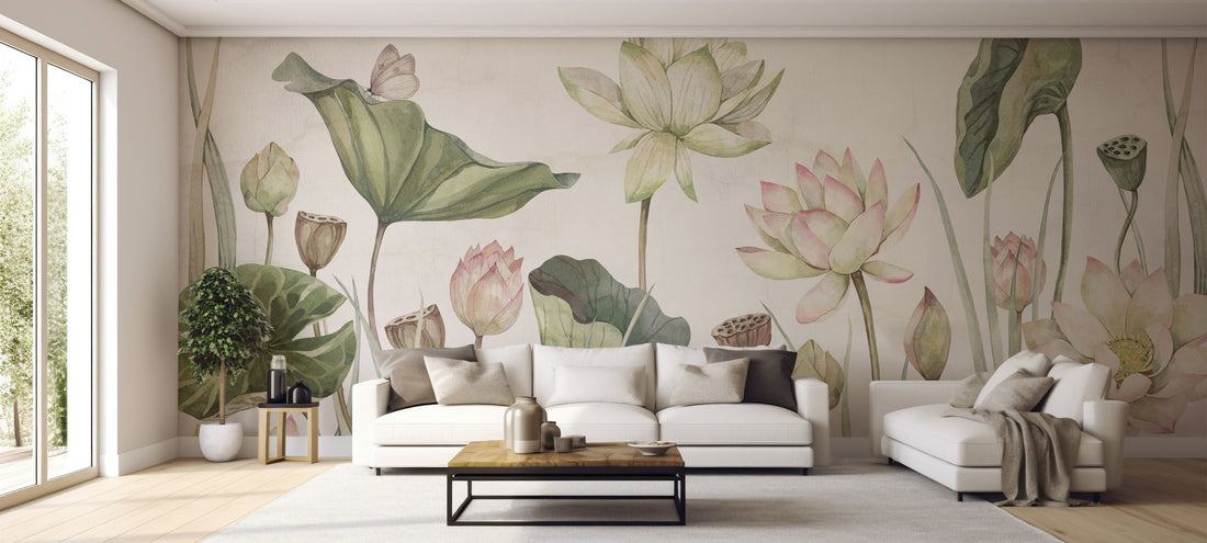 Elegant floral wallpaper transforming a modern living room with vibrant, stylish interior design