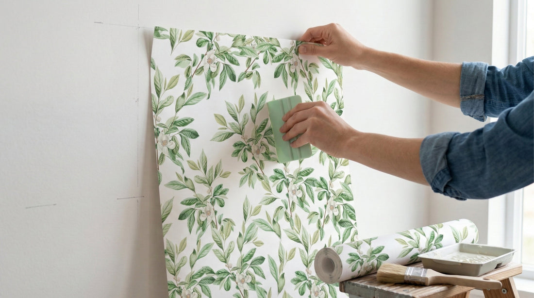 Smoothing peel and stick wallpaper with a tool
