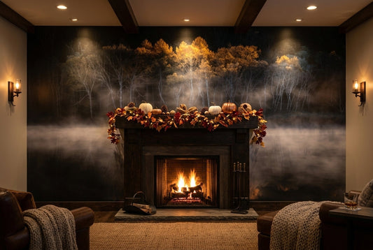 How to Style a Fall Fireplace Mantel Around a Wallpaper Feature Wall