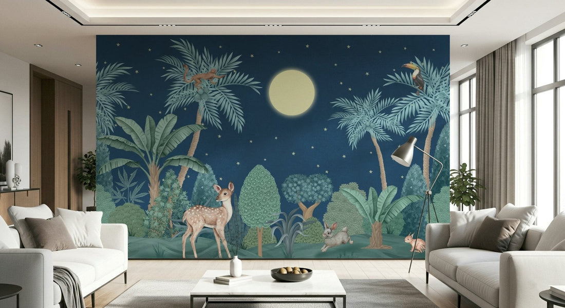 Moody jungle wallpaper mural with dense foliage and exotic birds in a modern living room