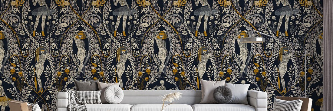 Haunted mansion Halloween wallpaper mural covering a living room feature wall with pumpkins, ghosts, and a full moon backdrop