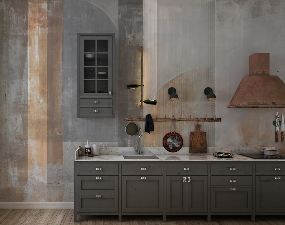 A contemporary kitchen with white cabinets featuring a vibrant, geometric pattern kitchen wallpaper as a stylish backsplash behind the sink.