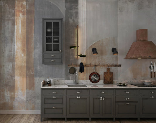 A contemporary kitchen with white cabinets featuring a vibrant, geometric pattern kitchen wallpaper as a stylish backsplash behind the sink.