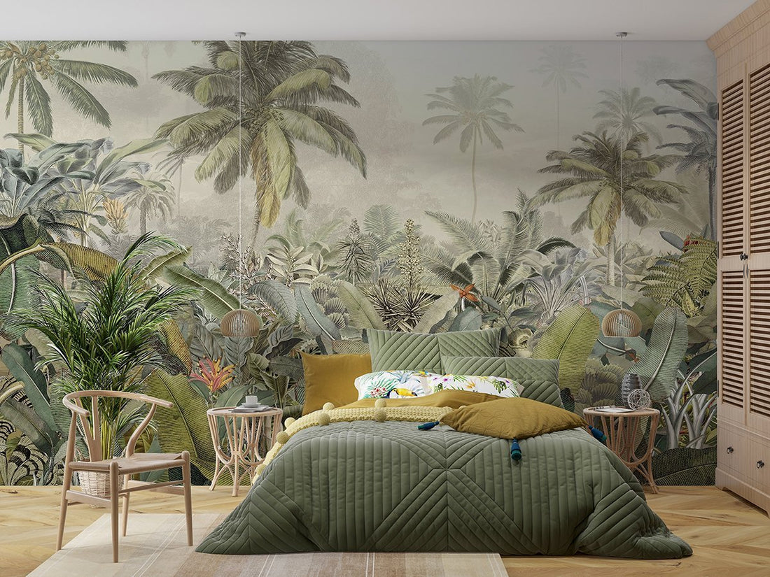 Calming tropical wallpaper mural with palm leaves in a bedroom