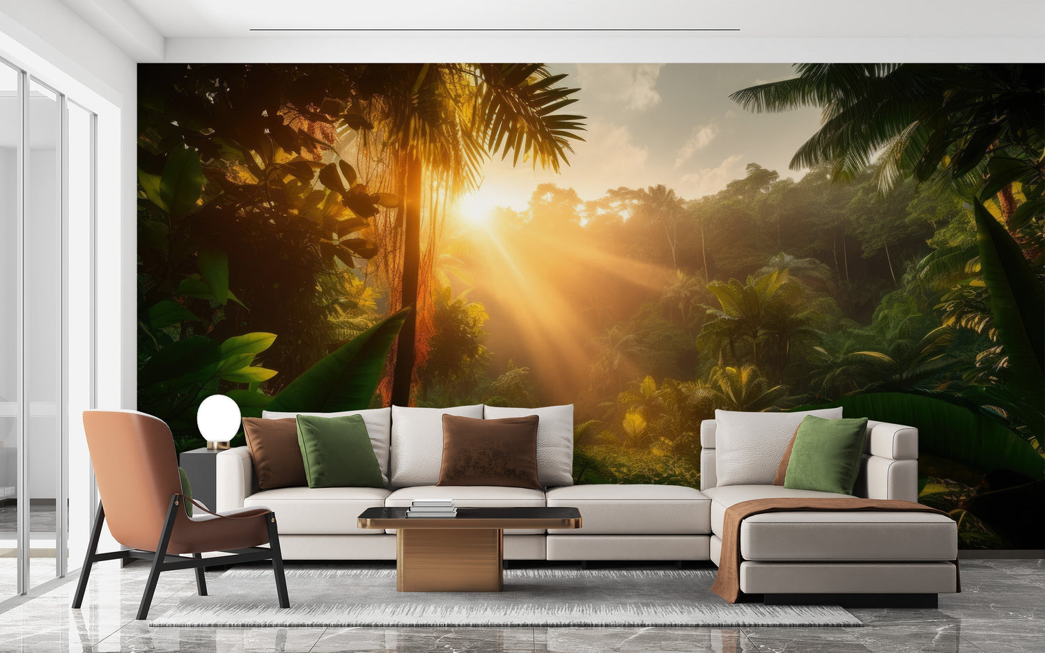 A living room wall featuring a scenic forest wallpaper with sunlight streaming through tall trees.