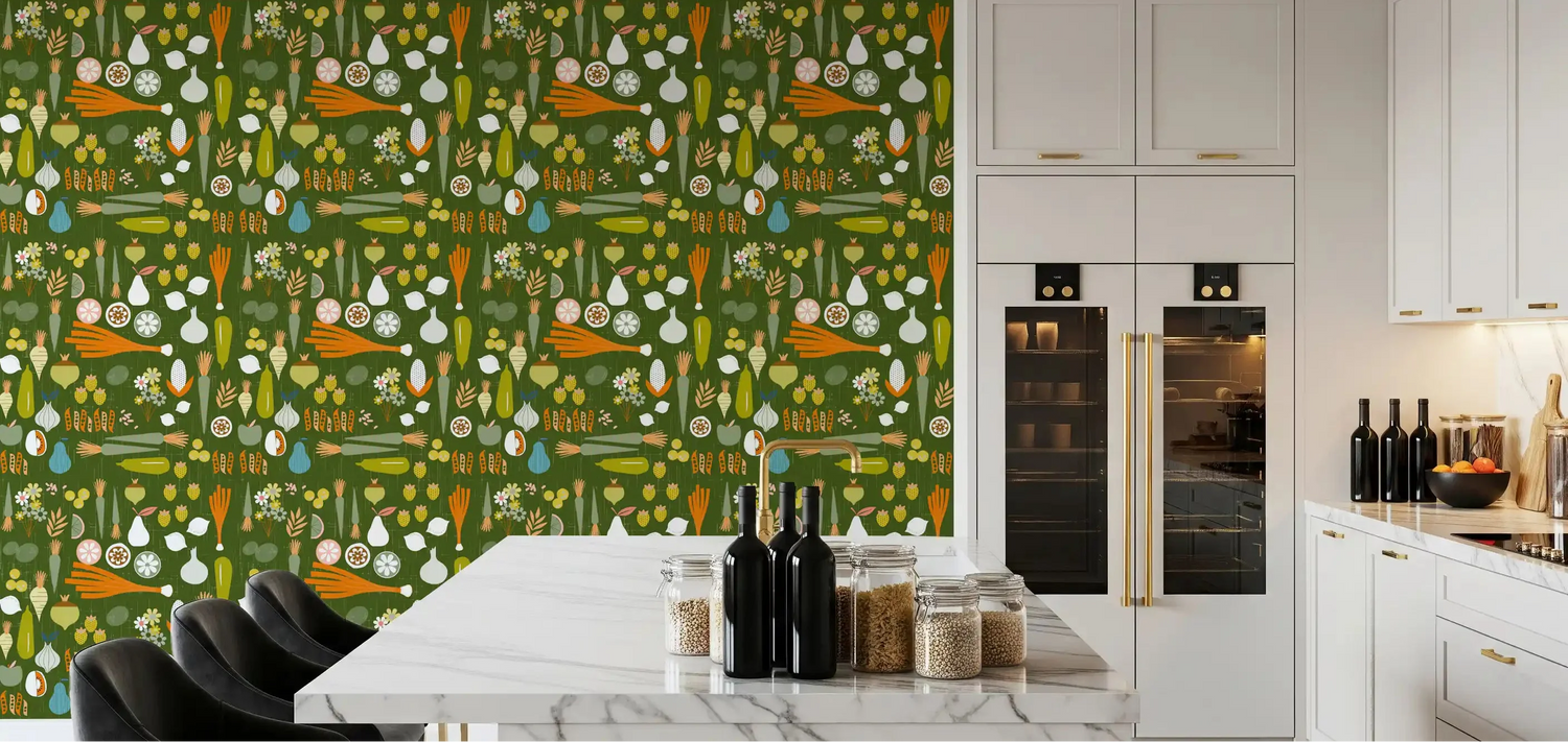 vegetable wallpaper with fresh produce and botanical kitchen mural