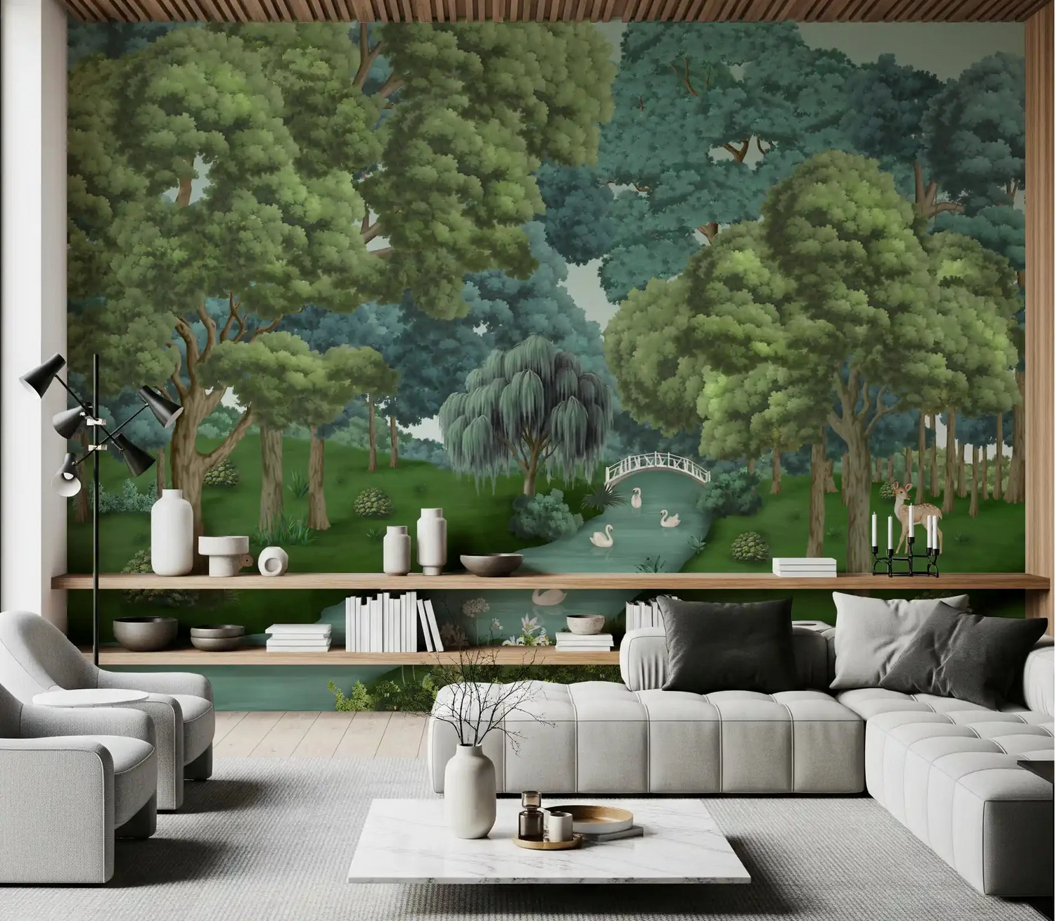 swan wallpaper with elegant swans gliding on a calm lake mural