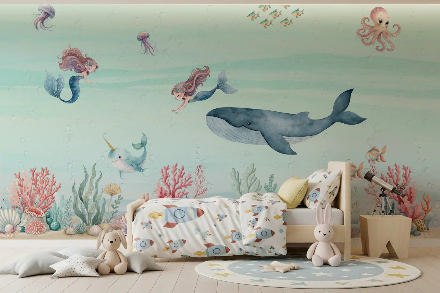 mermaid wallpaper mural with ocean fantasy scene for a kids room