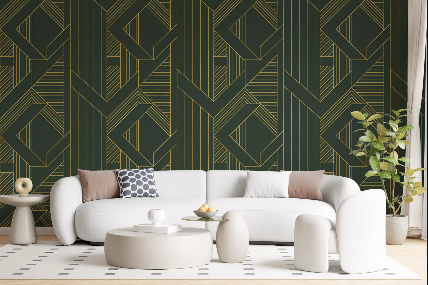 olive green wallpaper with earthy botanical mural designs