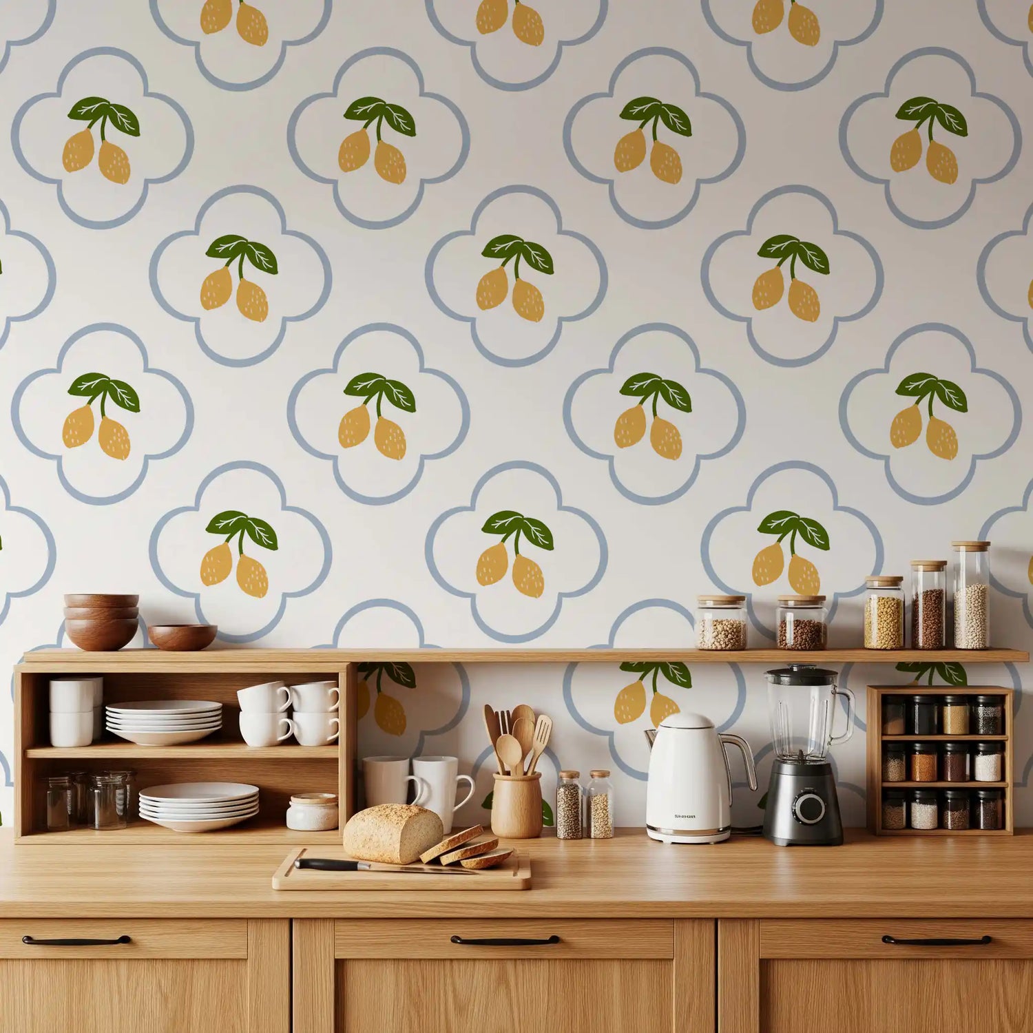 lemon wallpaper mural with yellow citrus fruit and green leaves
