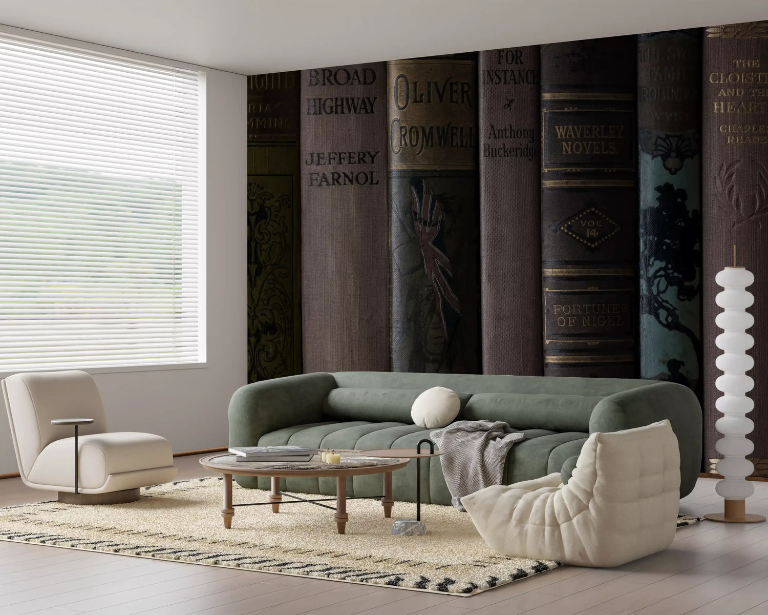 bookshelf wallpaper with styled shelves of books plants and ceramics for reading nook