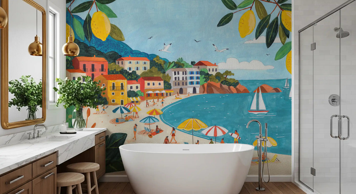 mediterranean wallpaper with sun-soaked coastal village murals