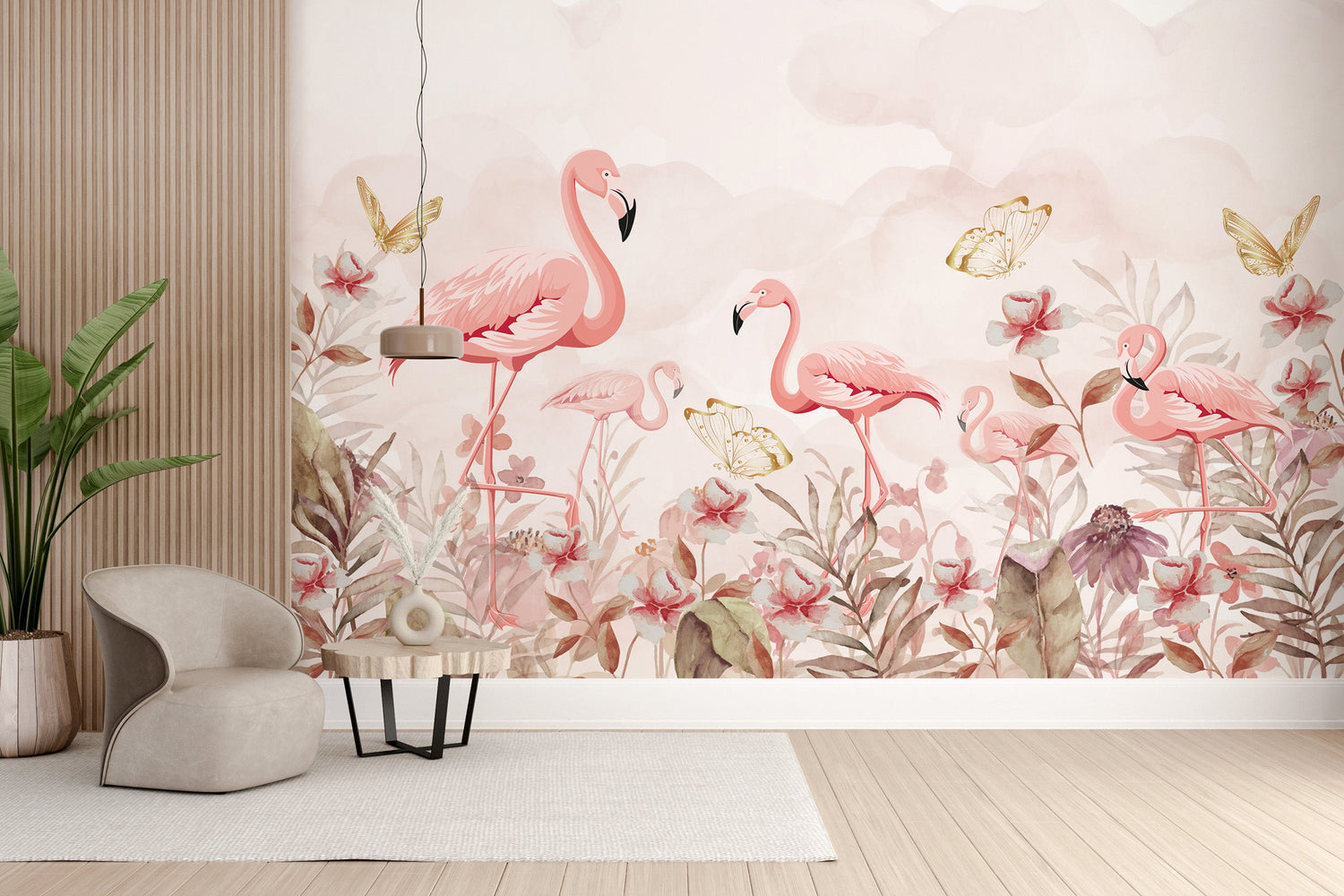 Flamingo wallpaper with a repeating tropical bird and leaf pattern covering a living room wall.
