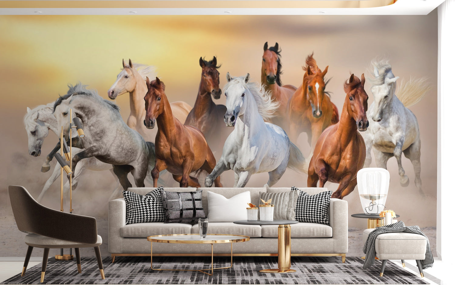 A living room wall decorated with a large horse wallpaper mural of majestic horses running through a field.