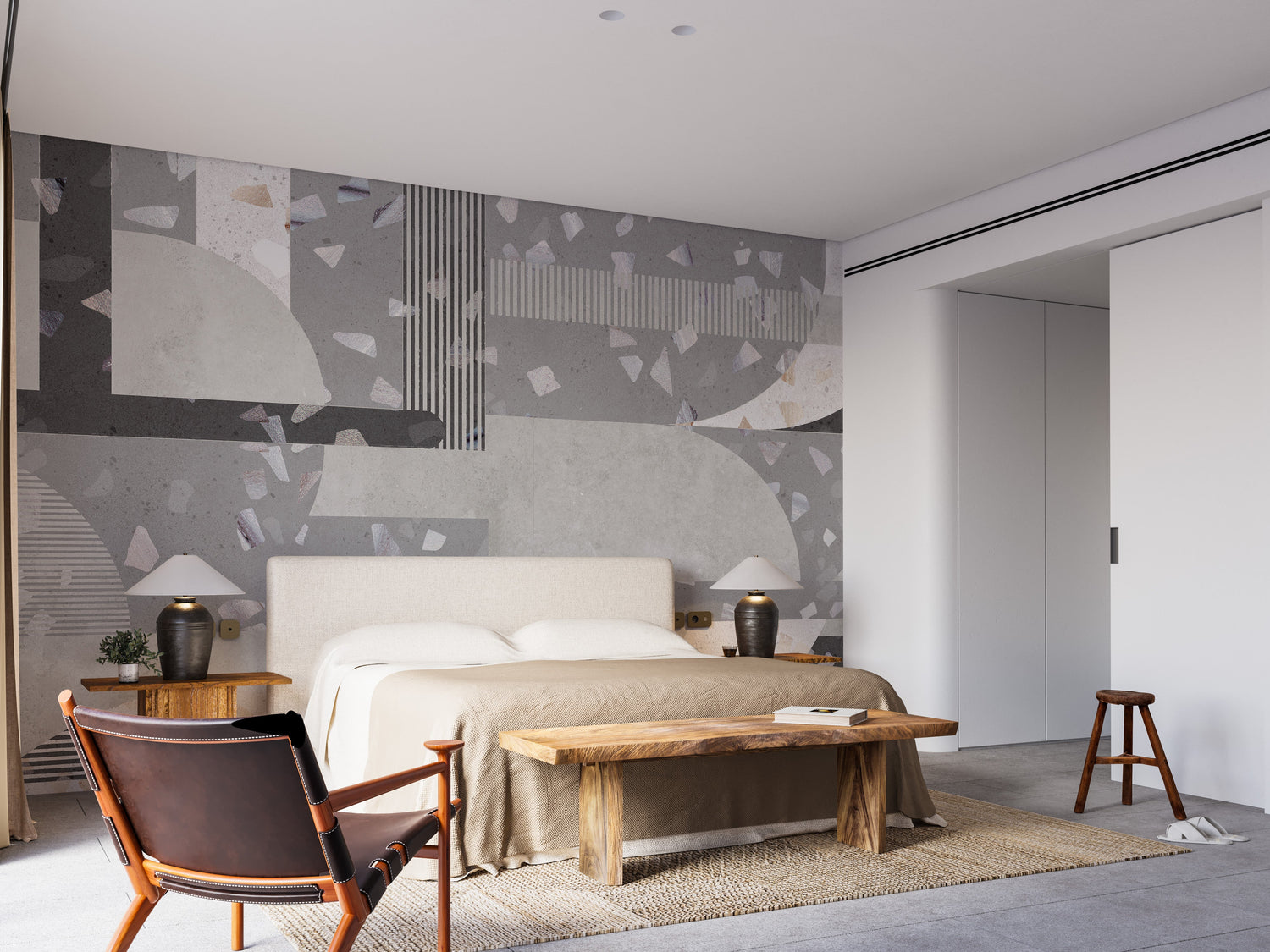 A roll of industrial wallpaper unfurled to show a realistic, weathered metallic pattern.