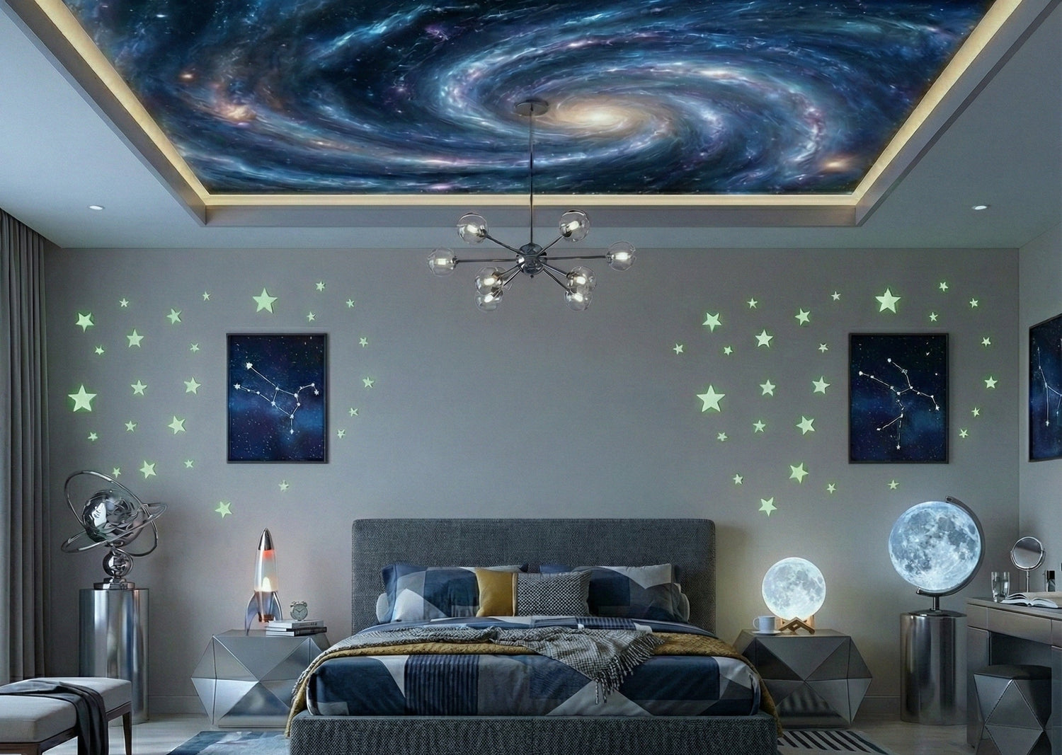 Ceiling wallpaper sky and cloud mural fitted above a styled room
